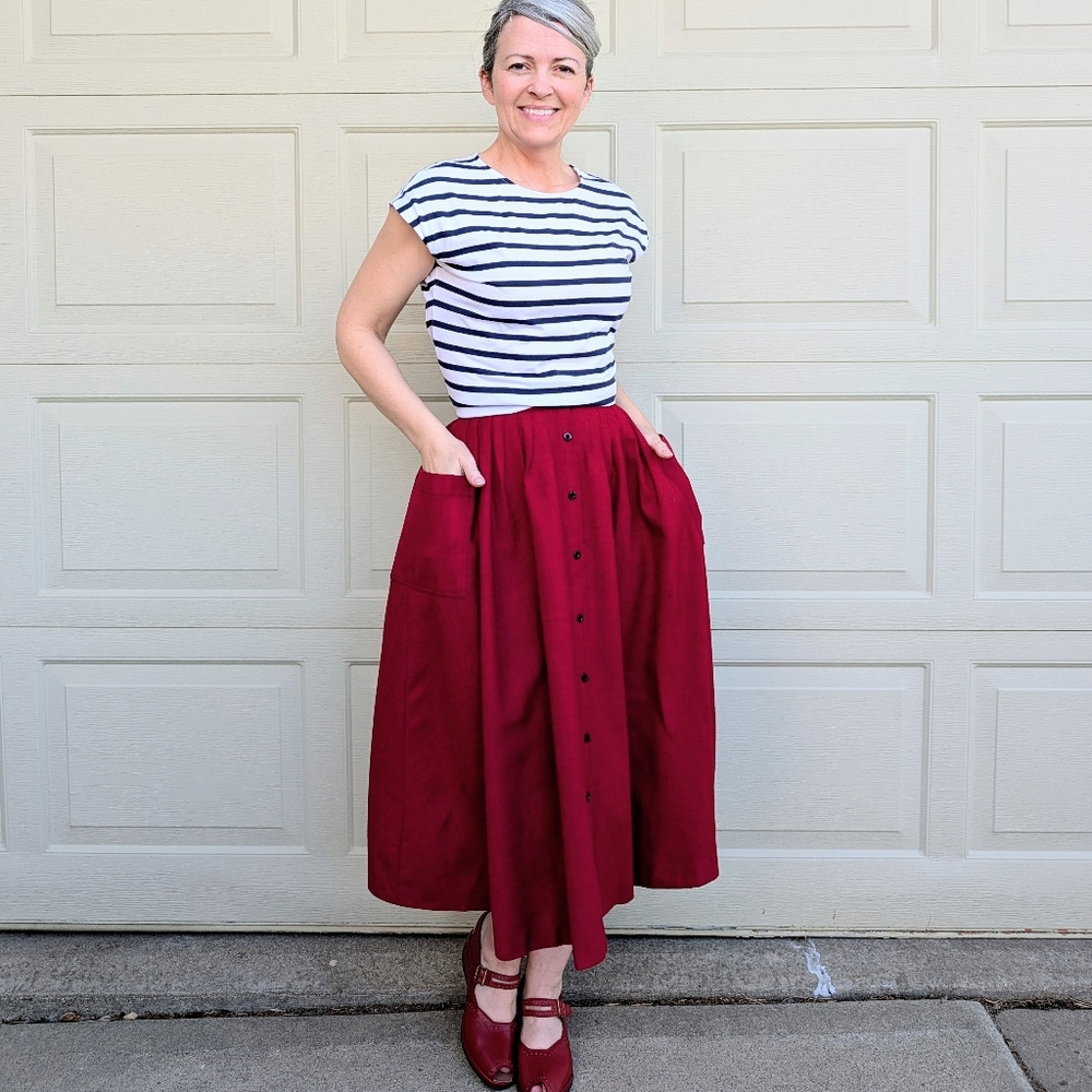vintage JAEGER red wool midi skirt standout pockets XS XXS